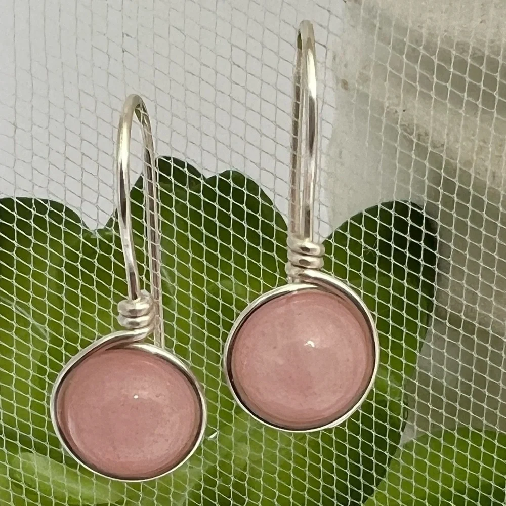 Rose Quartz Wire Wrapped Minimalist Earrings in Pink & Silver - Picture 1 of 13
